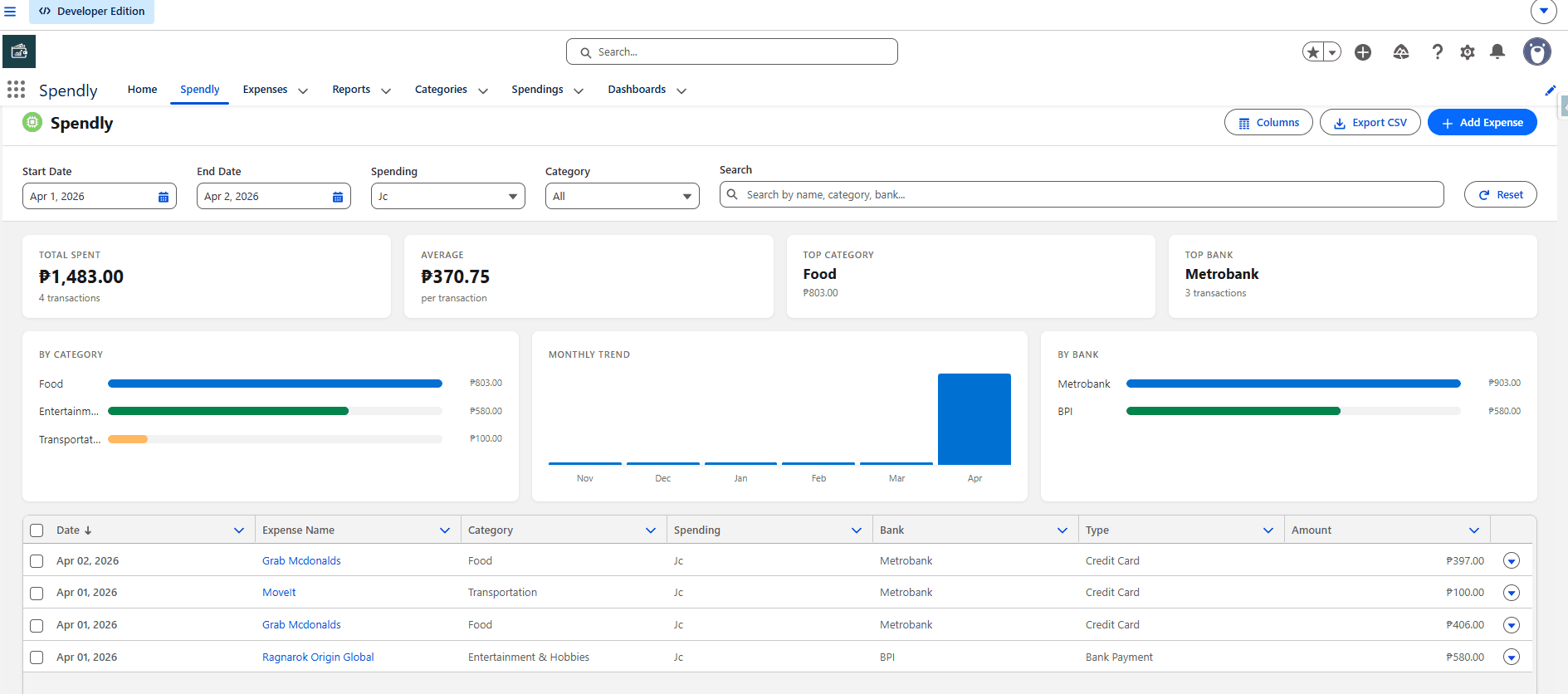 Spendly expense tracking app preview